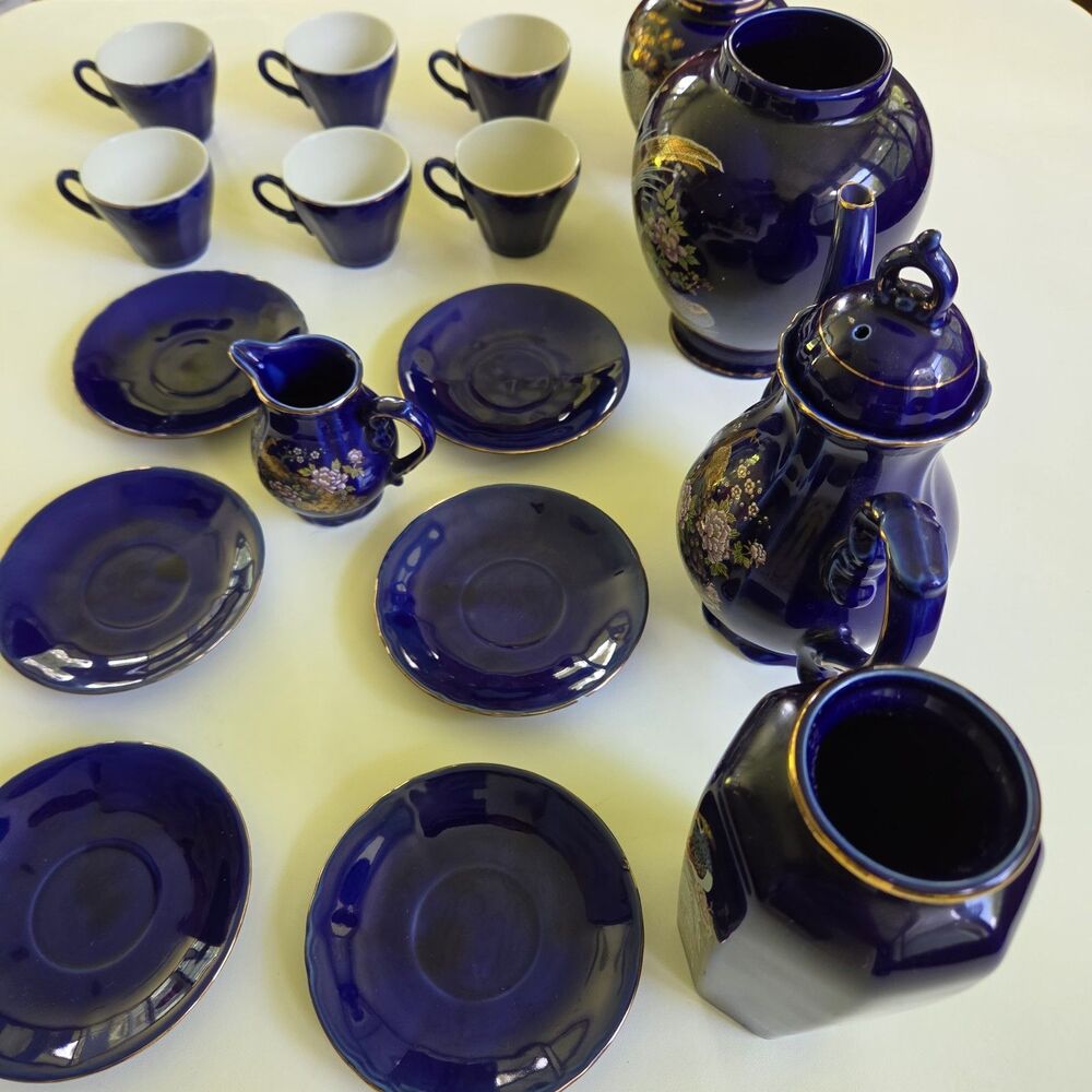 Vintage Hand Spray KT in Glaze Cobalt Blue Japanese 17 Pc. Tea Set 1960’s